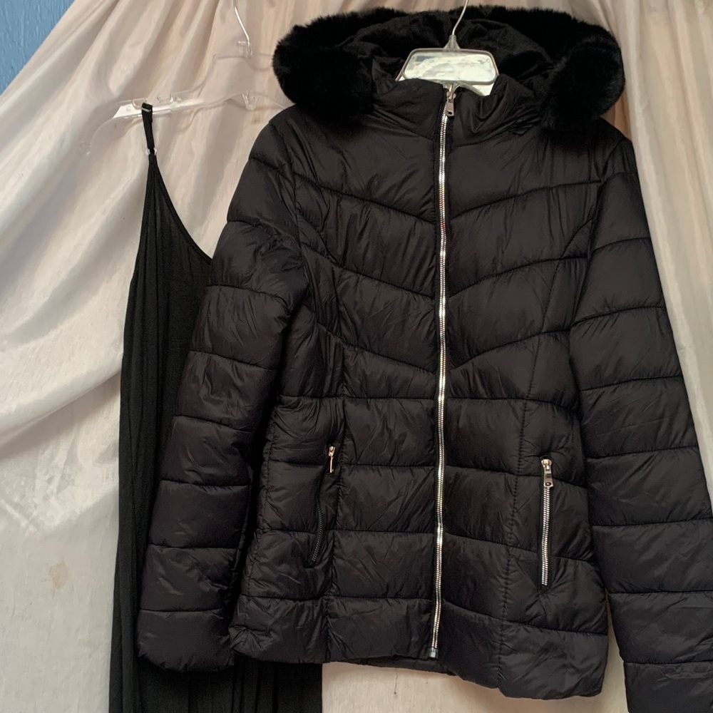 TRUE ROCK Black Quilted Puffer Jacket with Faux Fur Hood